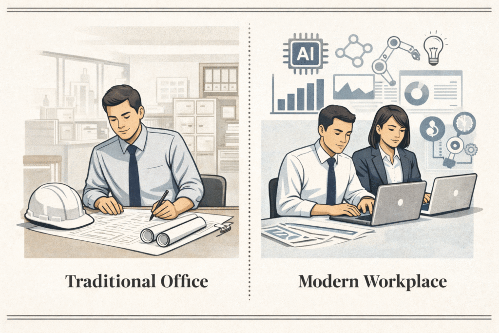 Illustration showing traditional engineering careers contrasted with modern jobs that didn’t exist five years ago, including AI and digital roles.