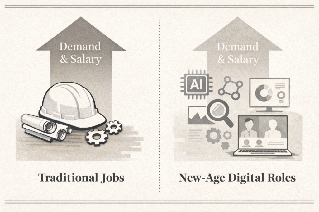Infographic comparing salaries and demand for jobs that didn’t exist five years ago versus traditional engineering roles.