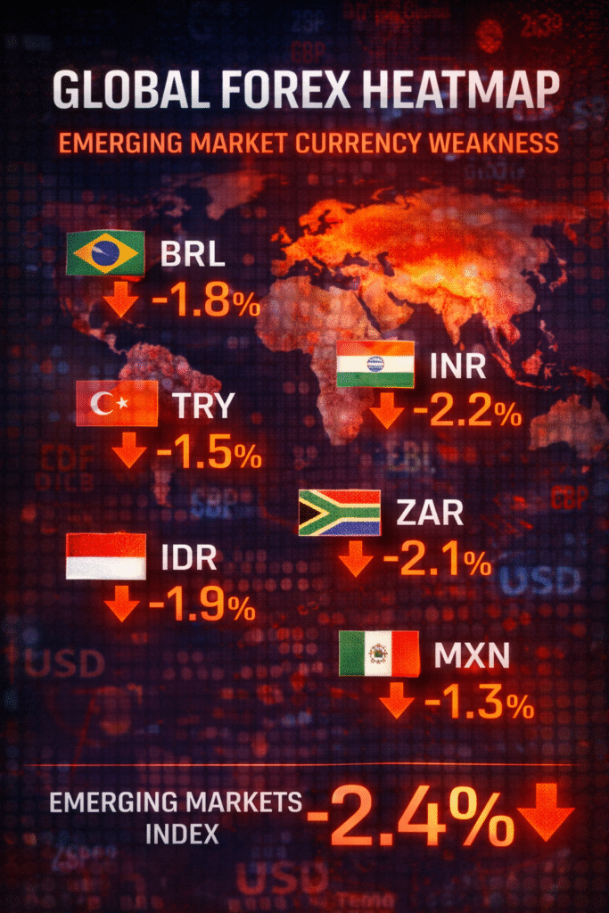 “Global forex heatmap showing emerging market currency weakness.”