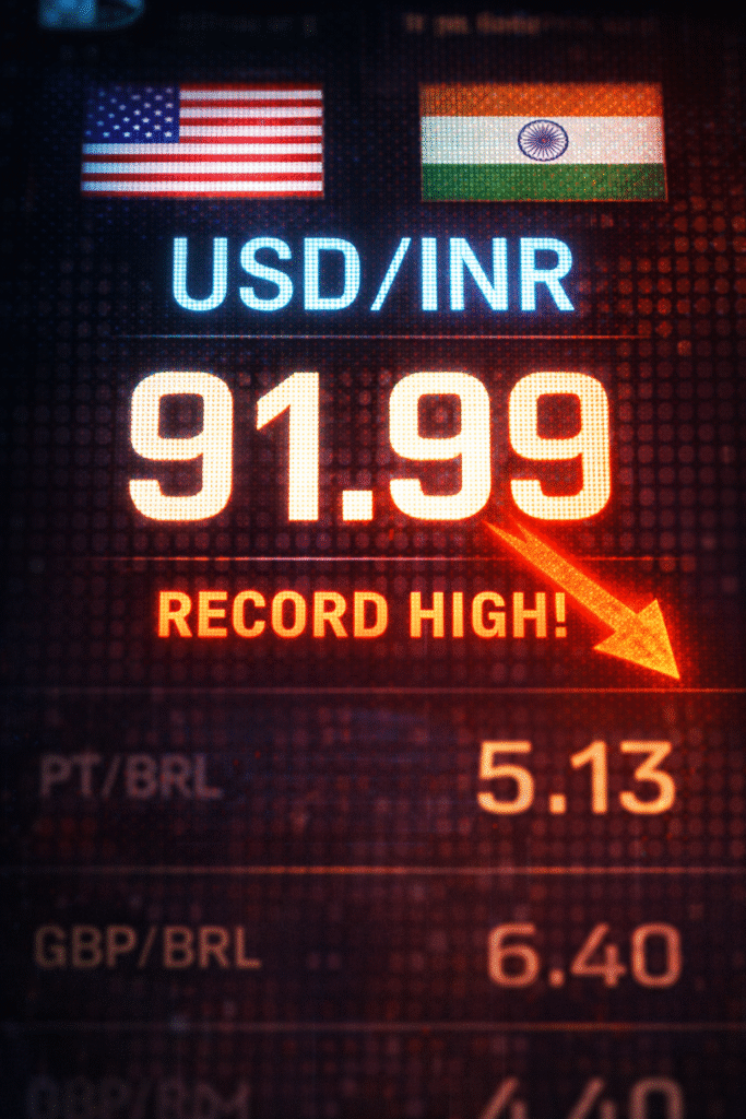 “Minimalist visual of currency exchange board highlighting USD/INR at record levels.”